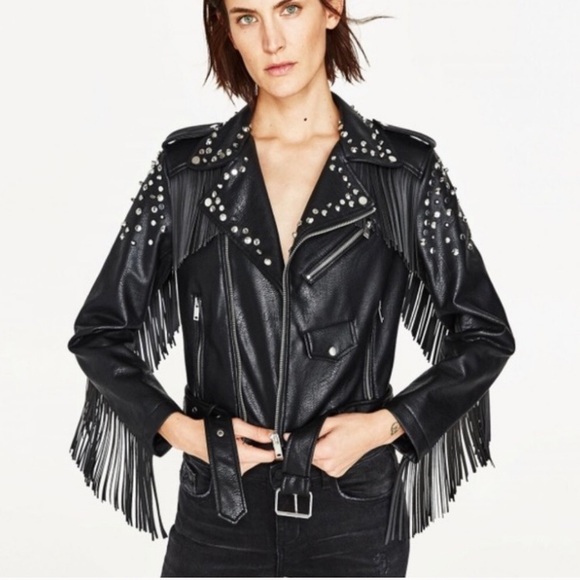 Zara Jackets & Coats Zara Faux Leather Jacket With Fringes And